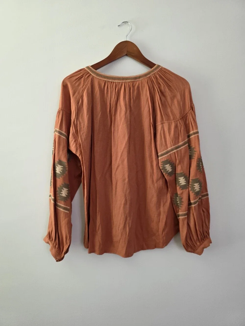 Embroidered Western Chic Longsleeve Blouse Burnt Orange Aztec Boho Esley Womns M